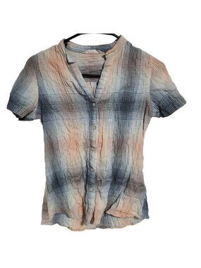 Woolrich Button Up Shirt Womens Size Small Plaid Blue Tan Short Sleeve Top
